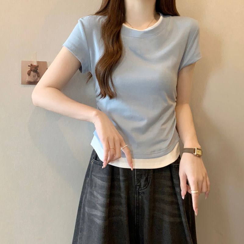 Real shot of round neck fake two-piece short-sleeved T-shirt for women in summer Korean style slim and slim short base top shirt