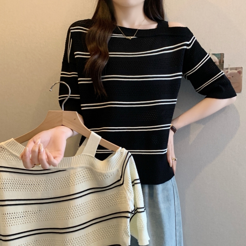 25 spring and summer new large-size redesign classic striped knitted irregular collar round knit top