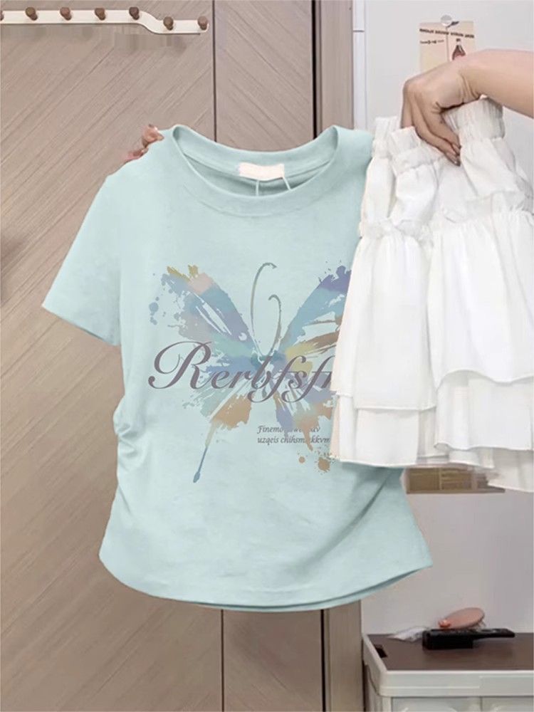 Wrinkled waist-lifting small flying sleeve short-sleeved T-shirt for women in summer new slim T-shirt top