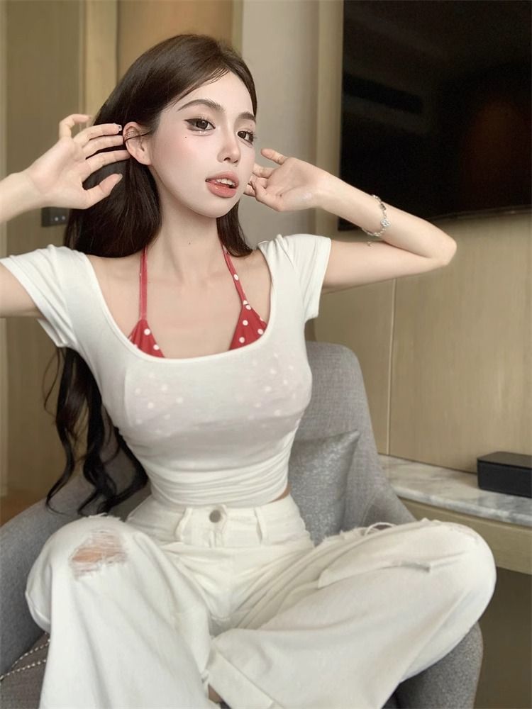 Two fake polka dot slim fit pure back-exposed look slim contrasting color niche short top for women