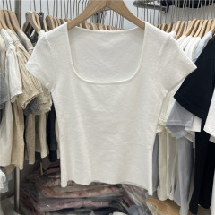 Korean style gentle square neck short-sleeved T-shirt for women in summer new style ins simple and versatile slim fit and stretchy half-sleeved top