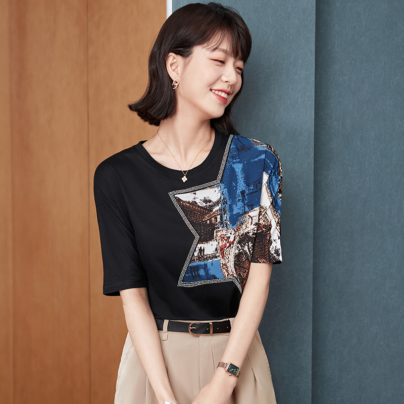 Real-shot printed short-sleeved T-shirt design niche 2025 new summer round neck fashion heavy industry high-end top