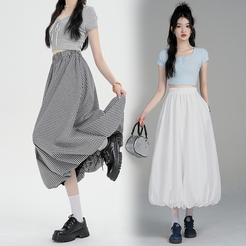 Plaid flower bud umbrella skirt for women 2025 new spring and summer high waist A-line skirt mid-length puffy lantern skirt