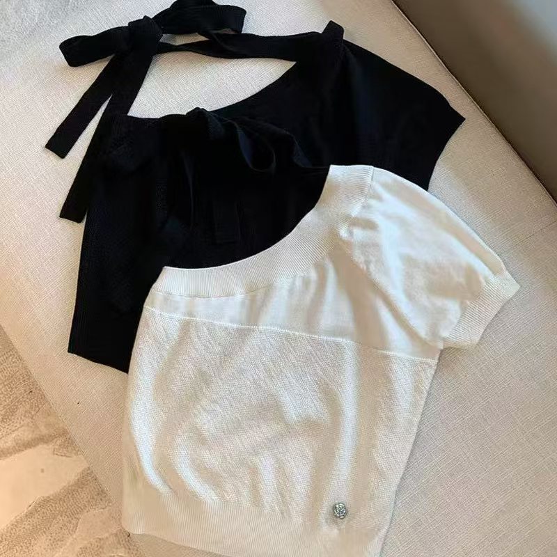 2/13vtg cute trick wool blend, various lace-up methods, oblique shoulders, and medium-sized small fragrance knitted tops