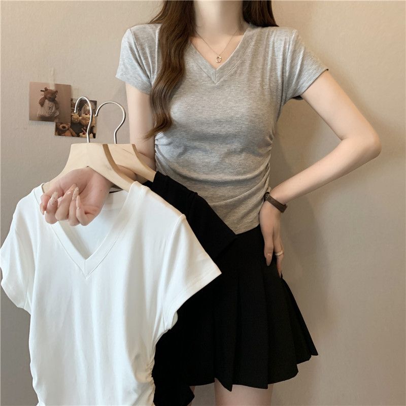 Real-life V-neck T-shirt for women's short-sleeved new slim fit and slim inner wear pure cotton shoulder bottoming half-sleeved top