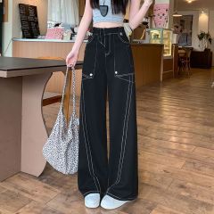 Real shot ~ American retro personality bright line design straight jeans loose work clothes wide-leg pants for women