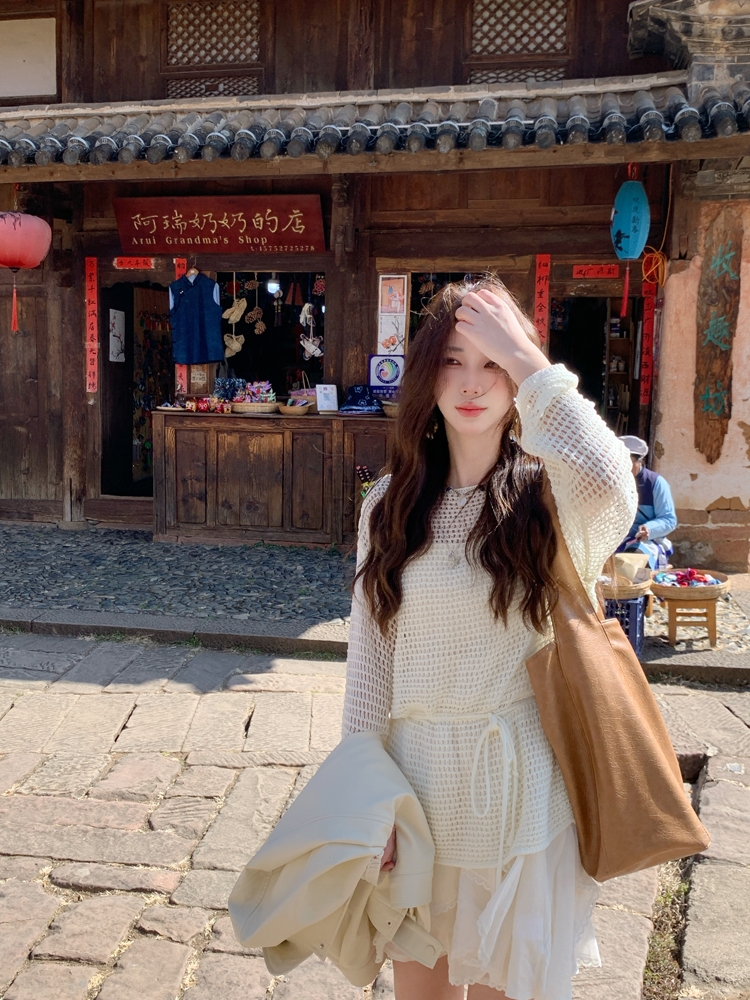 Korean new style like you and Huan Dapang custom beige lazy ice silk pullover loose versatile round neck top
