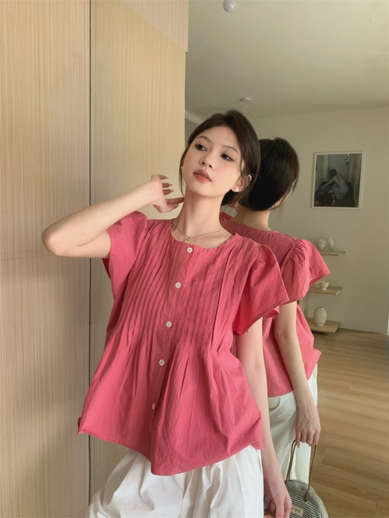 Real photos of Japanese girls pleated short-sleeved shirt for summer new Korean style top for women