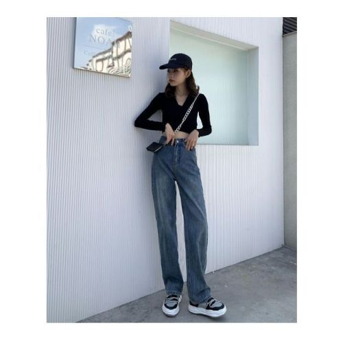 New spring and summer wide-leg jeans for women loose high waist straight-leg pants versatile slim Hong Kong style pants casual dad pants