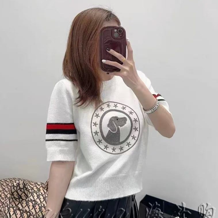 Celebrity Same Knitted Sweater Women's Short Sleeve 2025 Spring and Summer New Korean Style Fashion and Casual Cotton Shirt T-Shirt Sweater
