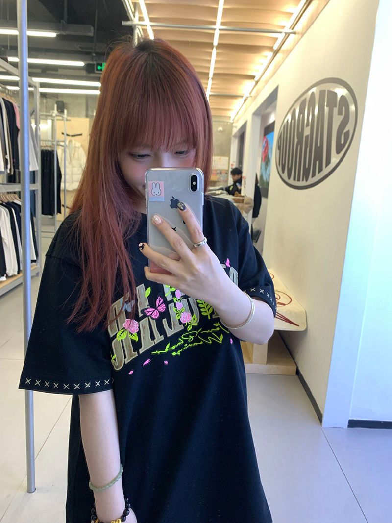 刺繡純棉220克精梳緊密短袖t恤女