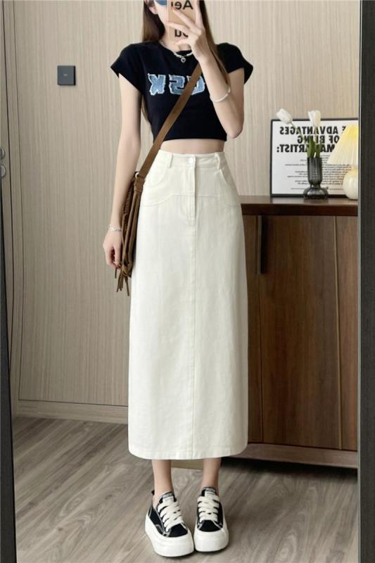 Washing cowboy A-line skirt mid-length 2025 summer new high-waist commuter hip-covering skirt for women