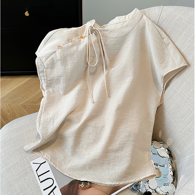 New Chinese-style stand-up collar green shirt female temperament Chinese style modified Hanfu linen shirt 2025 summer sleeveless top