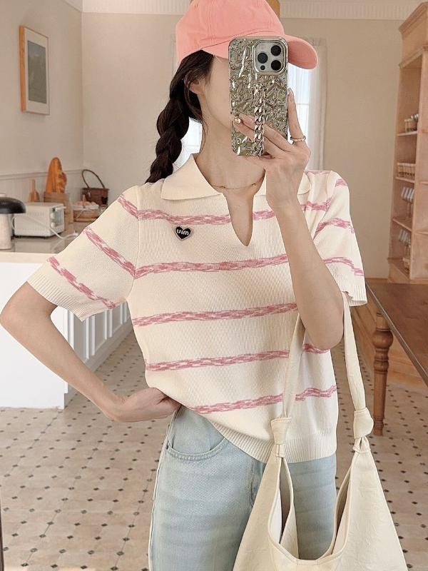 Colorful striped POLO neck love knitted short-sleeved T-shirt for women with small thin ice silk temperament short top trendy