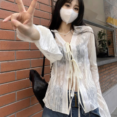 Summer sunscreen cardigan waist-hugging slim and light-slim-slim chiffon shirt lace-up air-conditioning shirt top