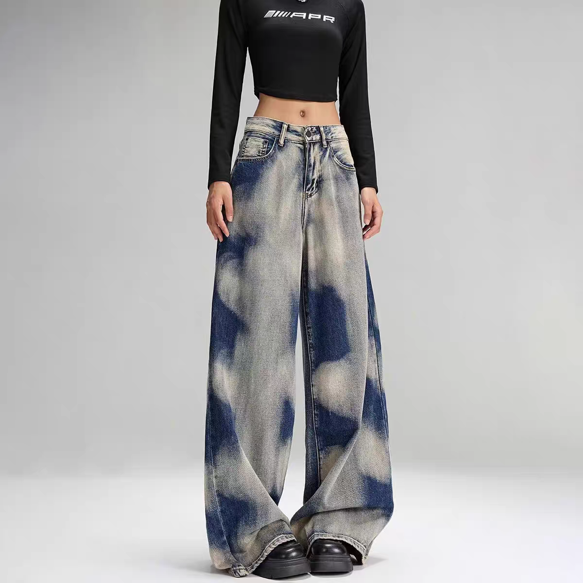 New high-waisted slim straight loose casual wide-leg floor pants ink painting tie-dye retro jeans for women in autumn and winter