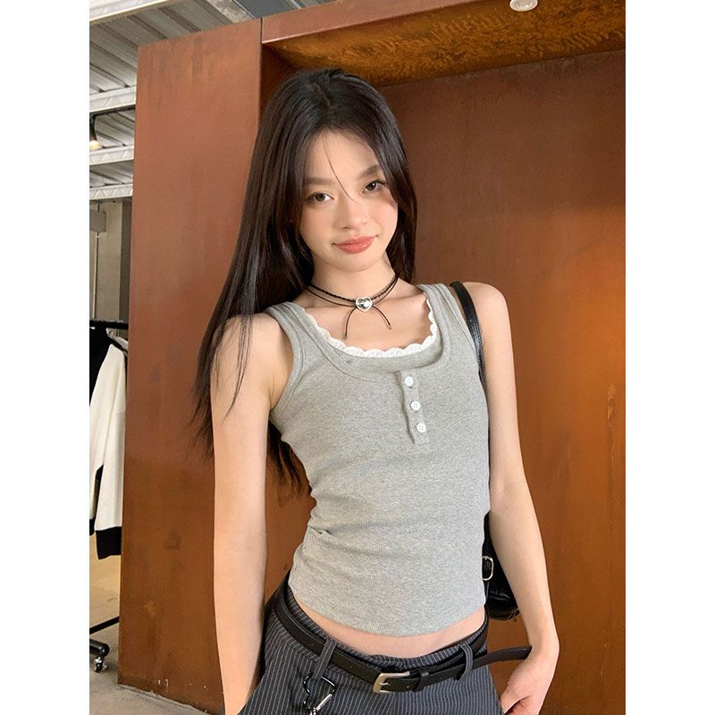 Pure lace edge splicing button suspender vest for women in summer new fake two-piece slim hot girl top