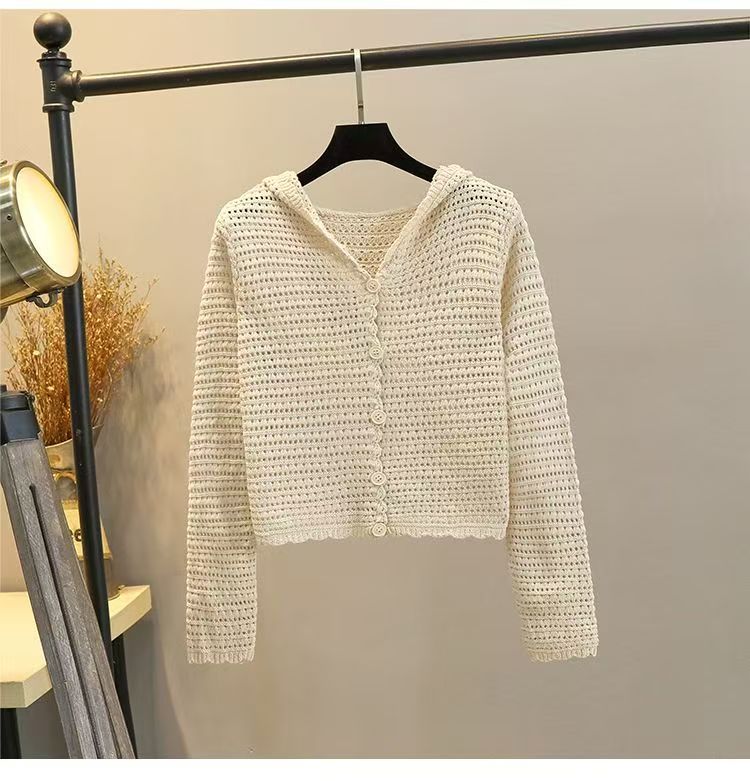 Hooded knitted cardigan for women in spring, small, hollow Korean long-sleeved loose short sweater jacket top