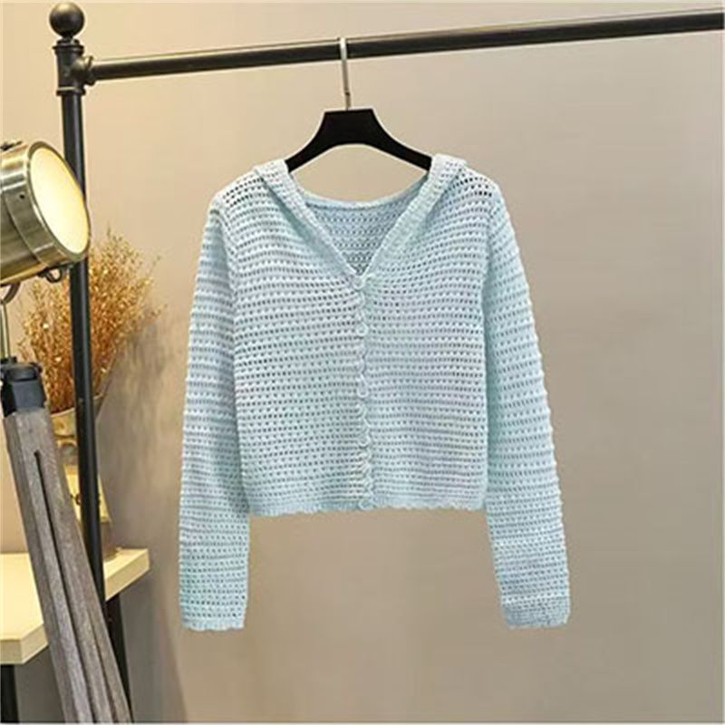 Korean version of hollow hooded knitted cardigan for women in spring and summer design sense of floral top versatile long-sleeved sweater jacket trendy