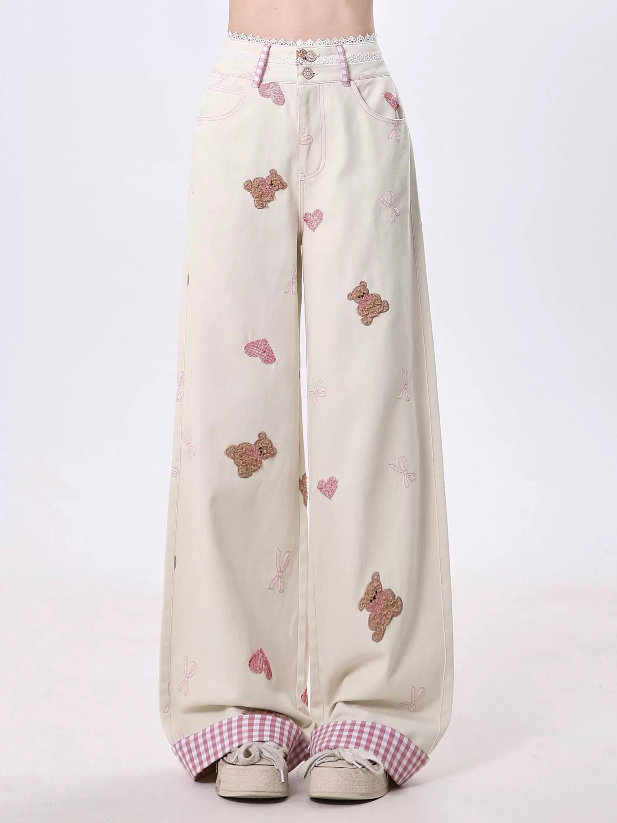 Bear embroidered lace edge spliced ​​wide-leg jeans for women 2025 spring high waist loose straight plaid curly trousers