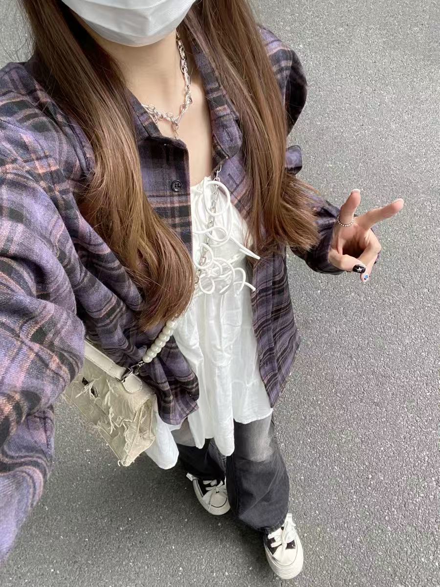 Japanese niche retro casual shirt 2025 spring new polo collar loose versatile layered plaid jacket