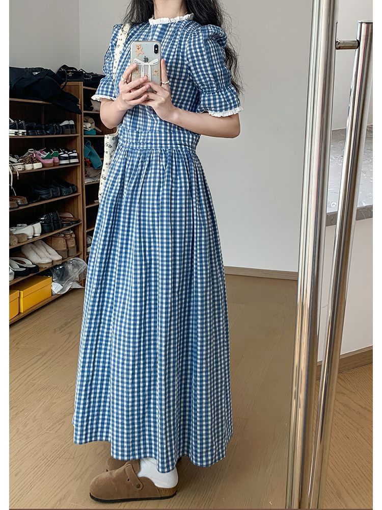 French temperament gentle style blue plaid dress for women in summer 2025 new small college style waist-hugging skirt
