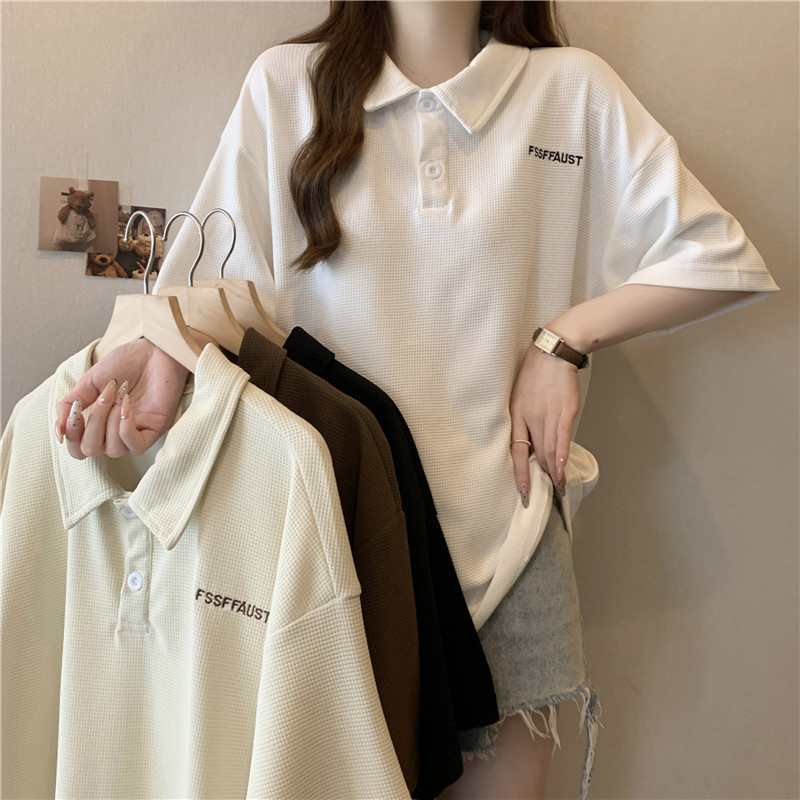 Real photos of waffle POLO neck short-sleeved T-shirt for women's summer loose half-sleeved T-shirt Korean chic top