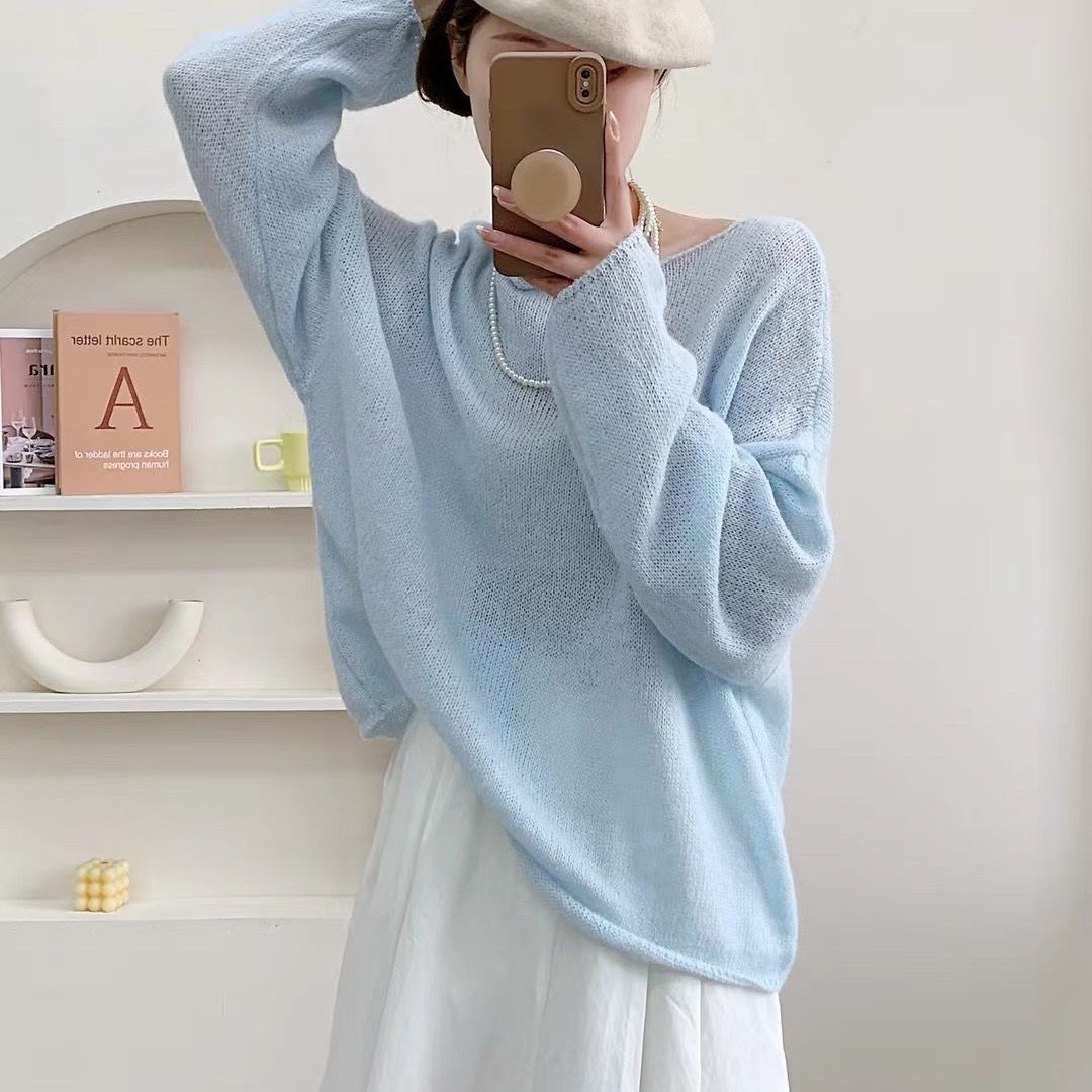 2025 French gentle style pink mohair round neck sweater Korean style lazy pullover versatile sweater for women