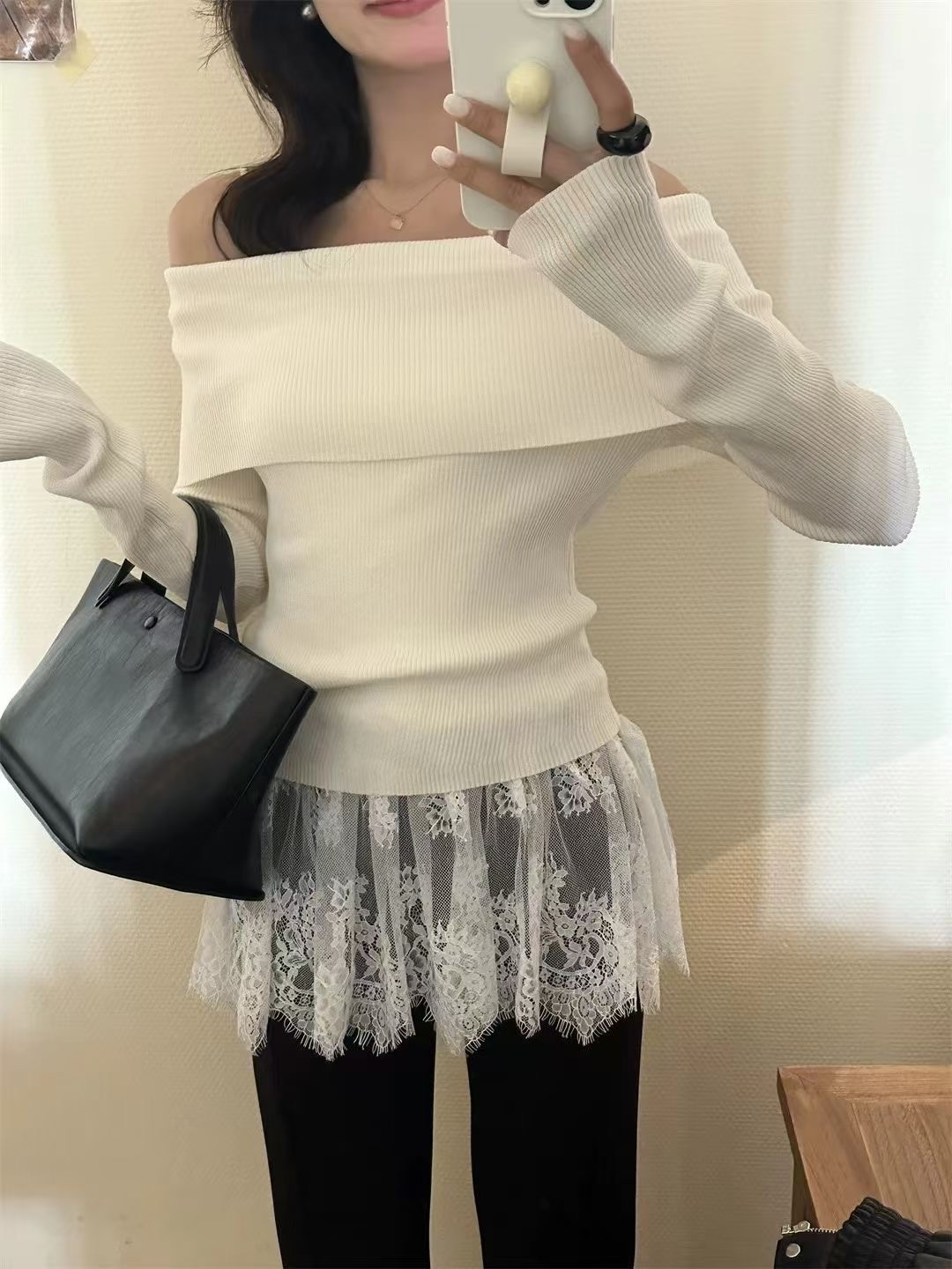 Korean new lace knitted inner strap + one-shoulder irregular slim sweater set for women