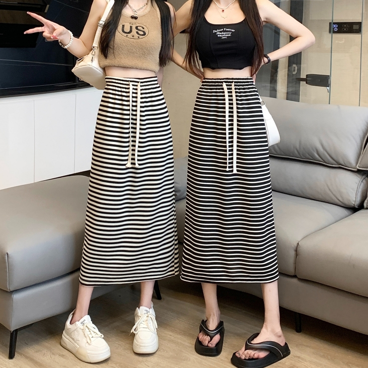 Black and white striped long skirt elastic high waist casual slit mid-length A-line skirt design sense