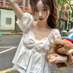 Student puff sleeve shirt for women for short sleeve summer Korean style loose slim design short square collar solid color top for women