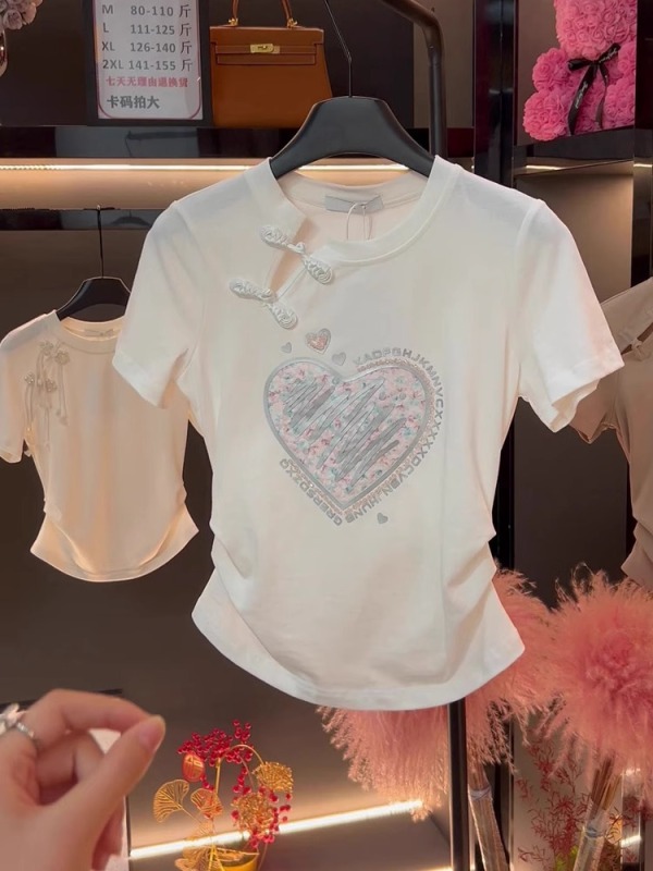 Fashionable temperament, buckle letter printed short-sleeved T-shirt for women, 2025 summer new slim fit round neck top trendy