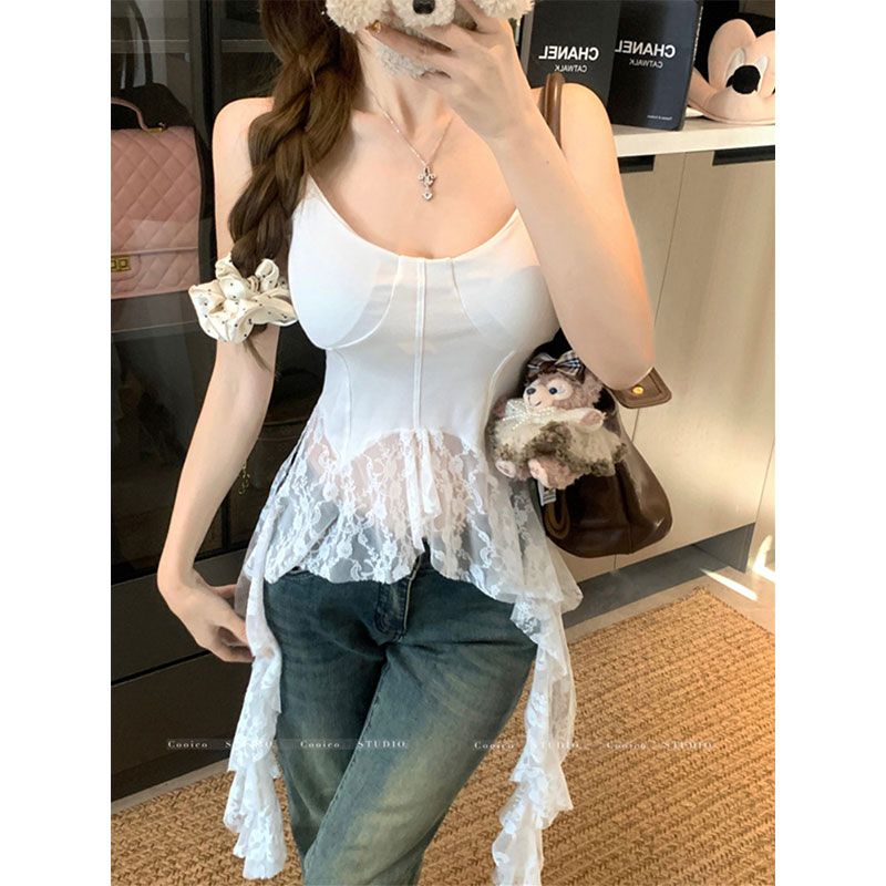 Fairy vest pure hot girl lace spliced ​​suspender vest spring new slim versatile top for women