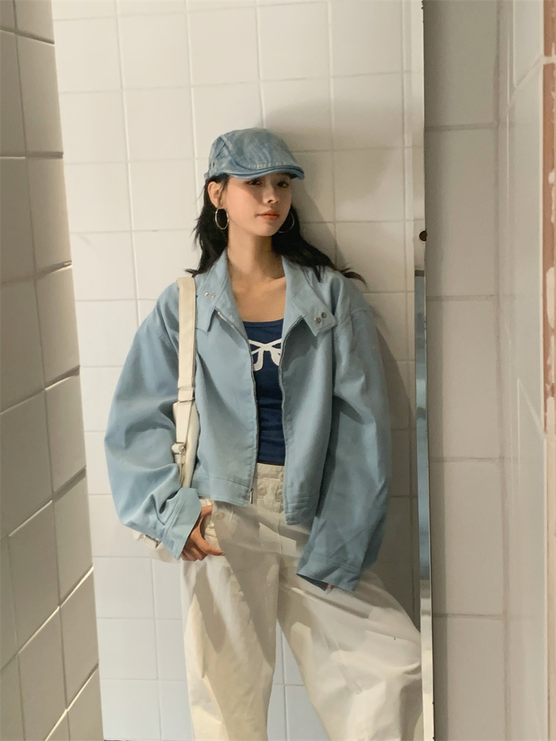 Real shot of fashionable Morandi color corduroy stand-alone jacket jacket