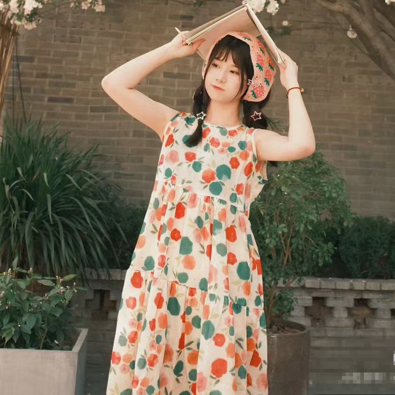 French romantic retro floral sleeveless vest dress for women chadopamine casual vacation temperament slim long skirt