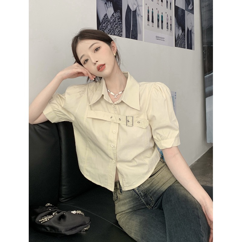 French puff short-sleeved shirt for women in summer design niche shirt irregular short chic top ins trendy