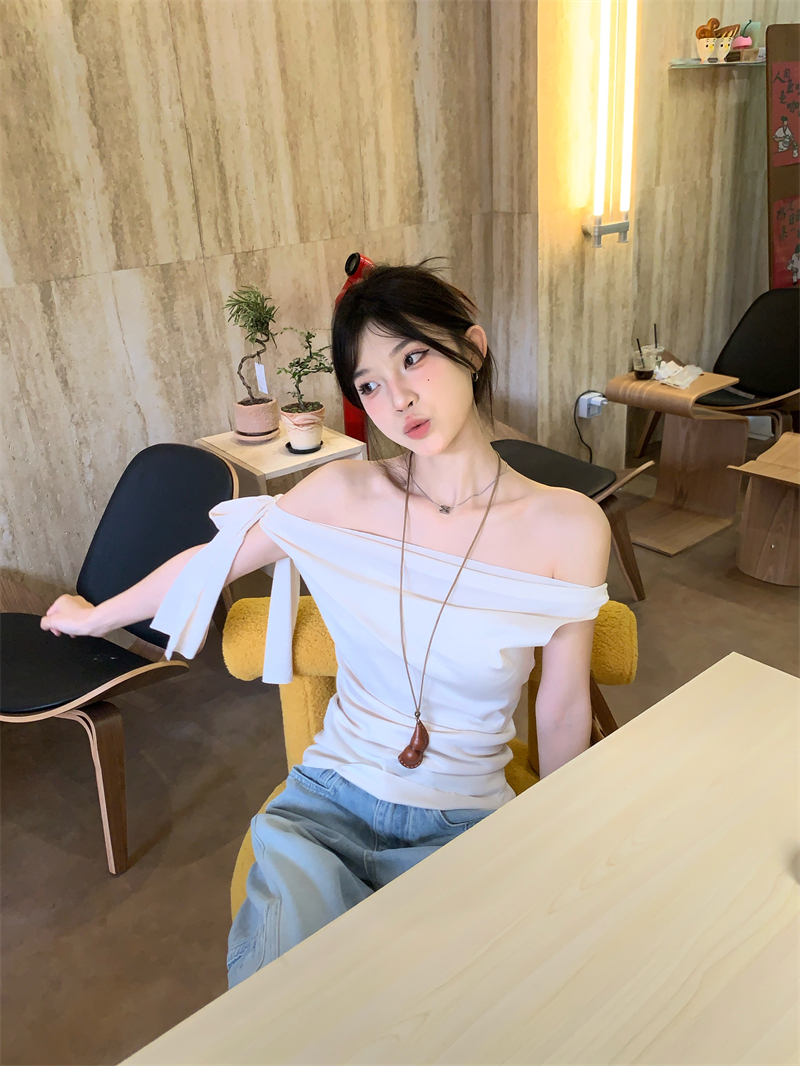 Real shot, temperament, one shoulder, two-shoulder, design, thin sleeveless T-shirt top