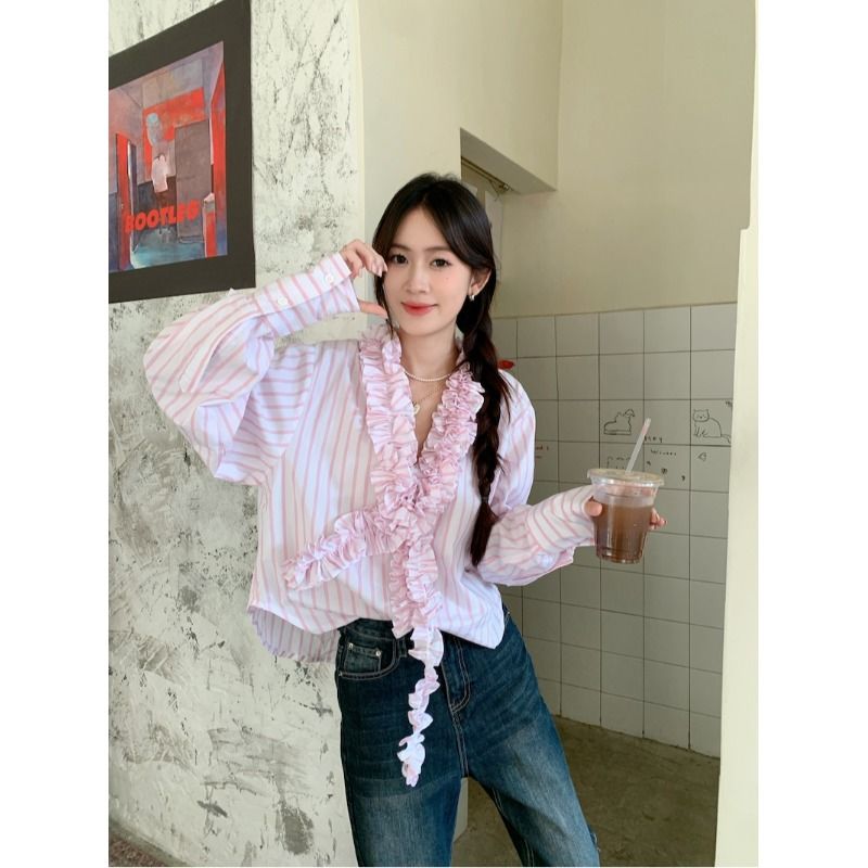 Design-sensual pink striped wood earrings shirt for women's spring age-reducing chic V-neck long-sleeved shirt