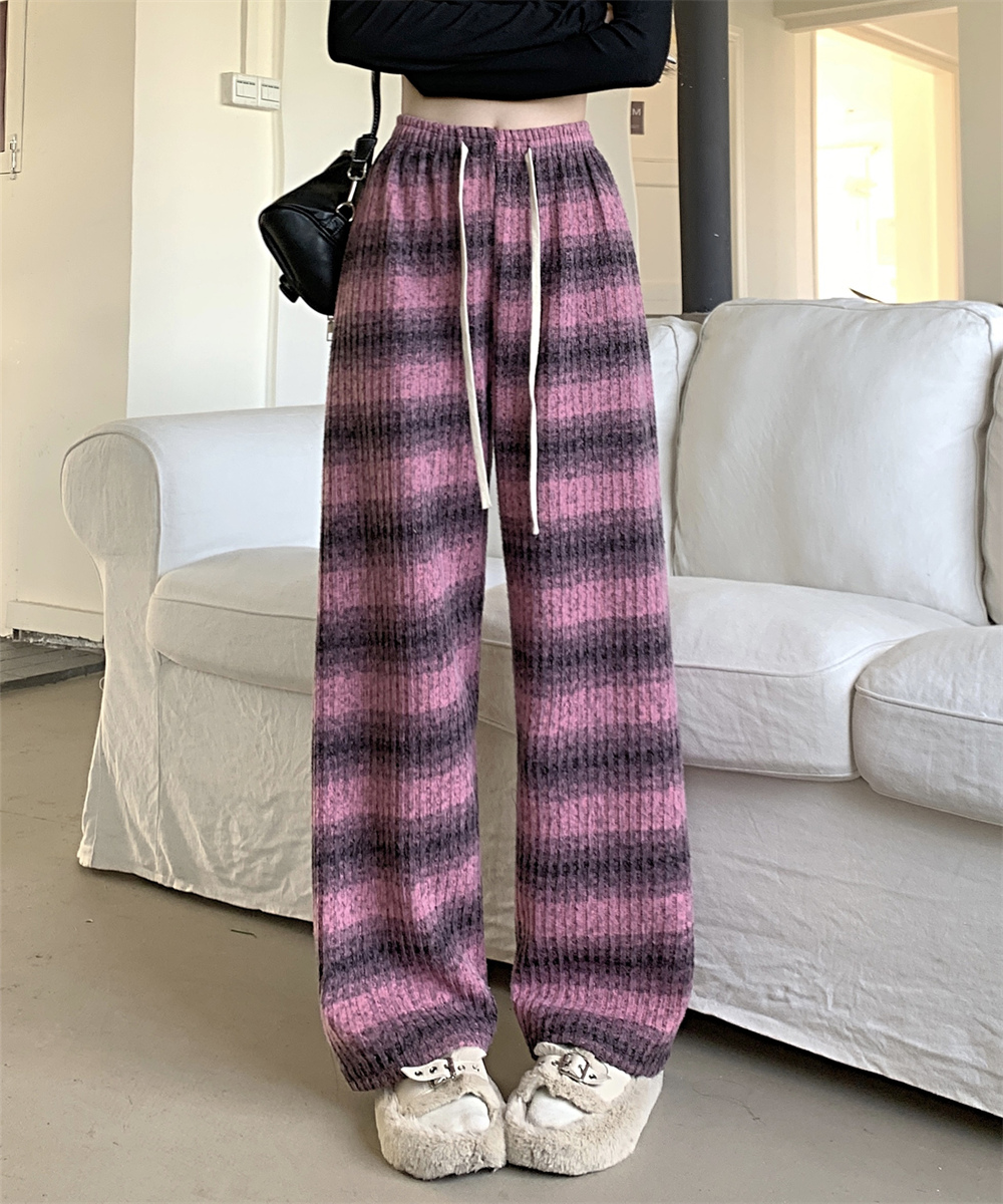 -Real shot of striped jacquard Spring 2025 new casual knitted high waist droop wide-leg pants