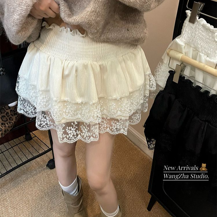 Original recipe for sweet age-reducing lace spliced ​​skirt for women with high waist slim velvet cake skirt