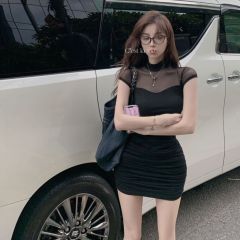 辣妹性感網紗拼接包臀短袖收腰裙女夏季小個子純欲氣質顯瘦連衣裙