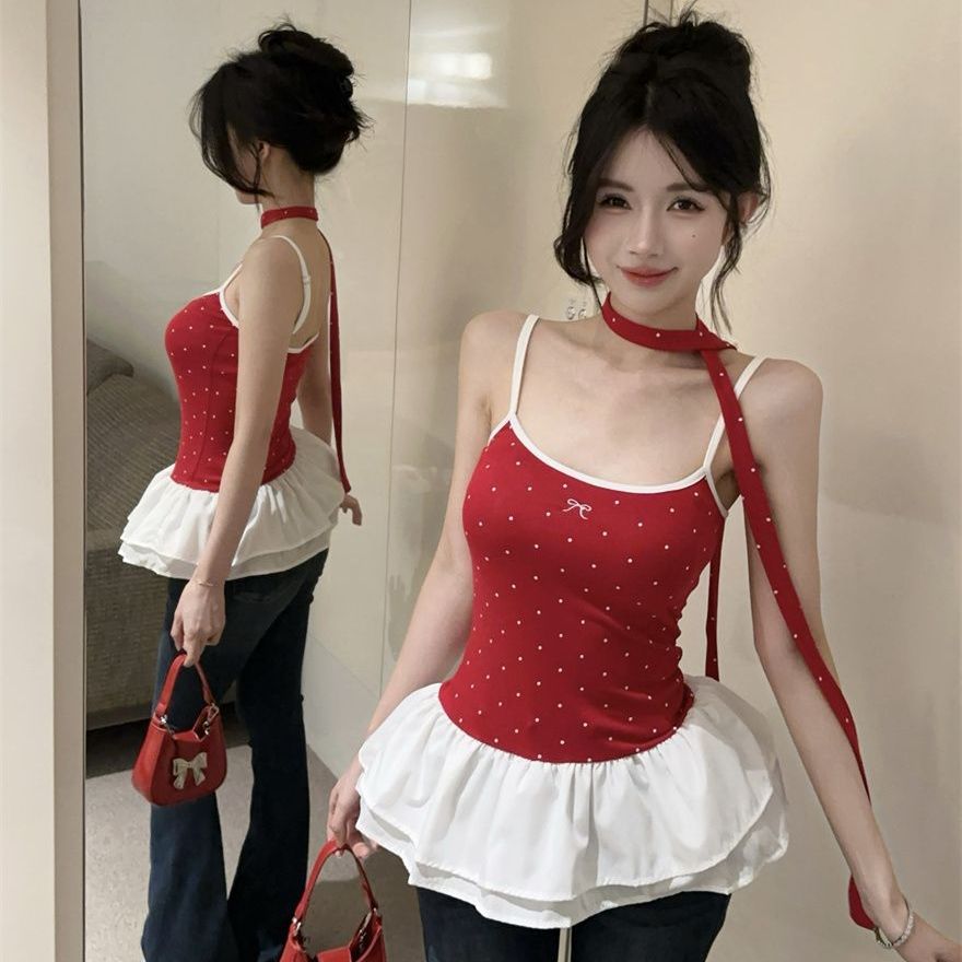 Japanese sweet polka dot red suspender vest for women's summer bow lace slim fit short top