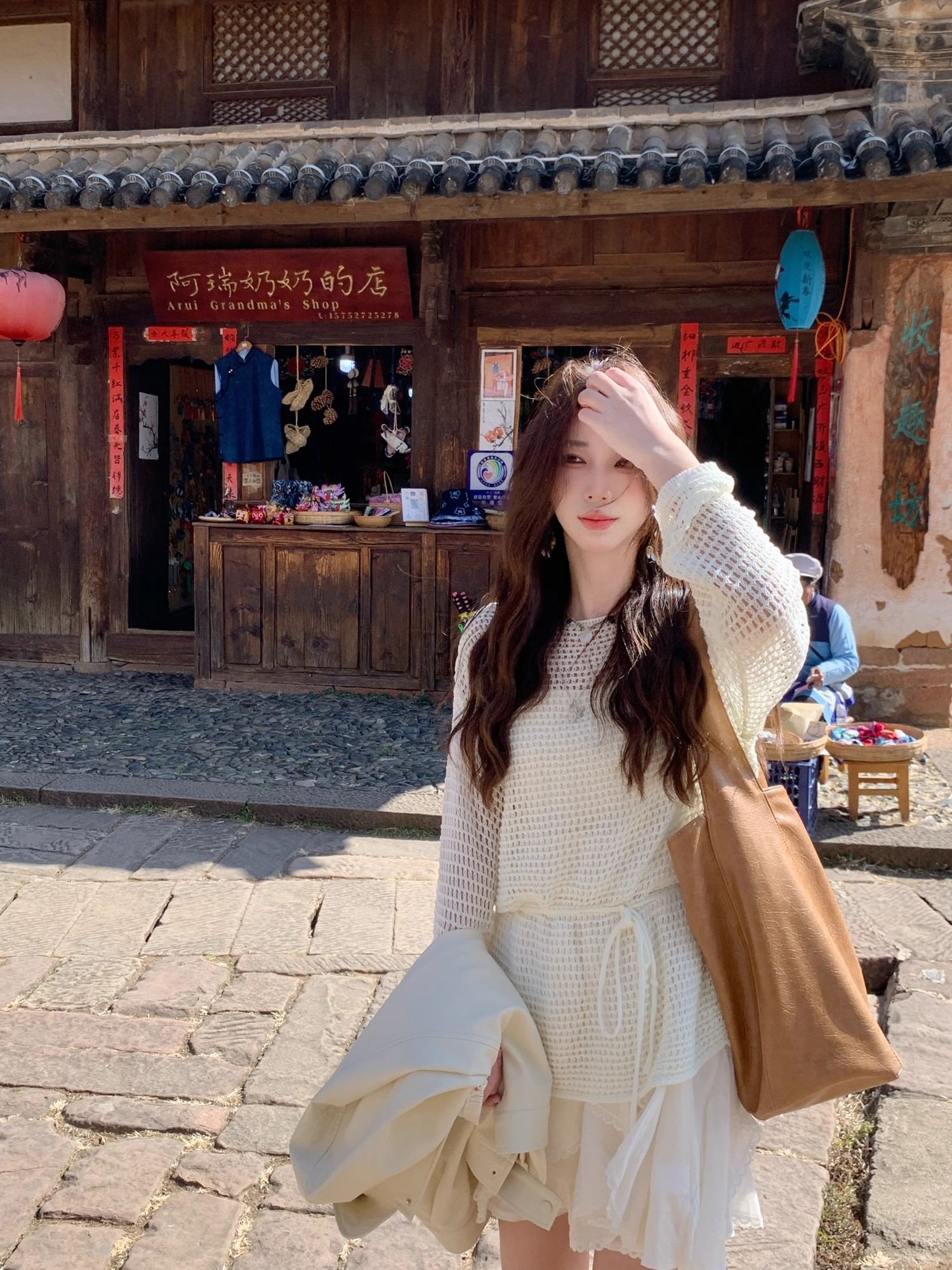 2025 spring and summer new beige lazy ice silk pullover hollow hooded shirt loose versatile round neck top