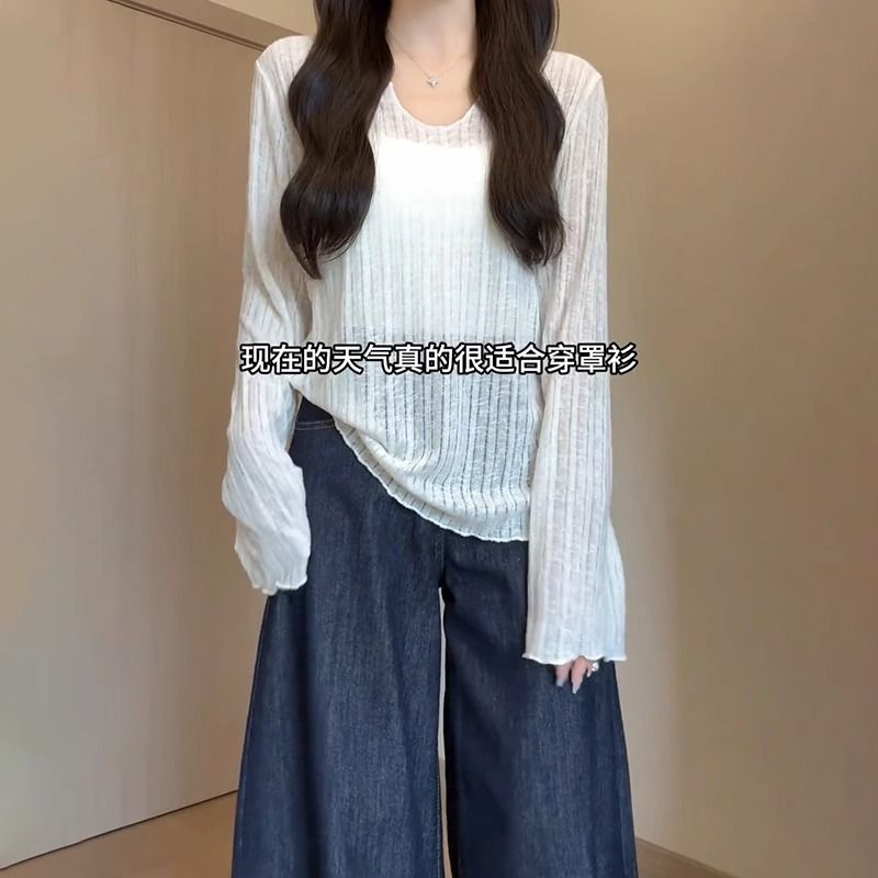Summer French micro-transparent V-neck long-sleeved women's pure thin sunscreen blouse loose T-shirt top air conditioning shirt