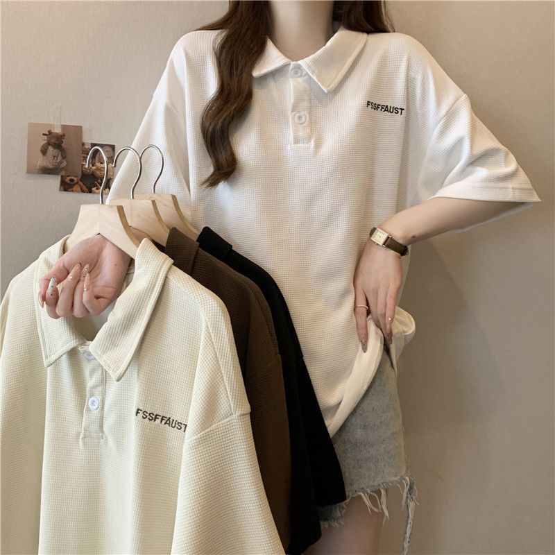 Real photos of waffle POLO neck short-sleeved T-shirt for women's summer loose half-sleeved T-shirt Korean chic top