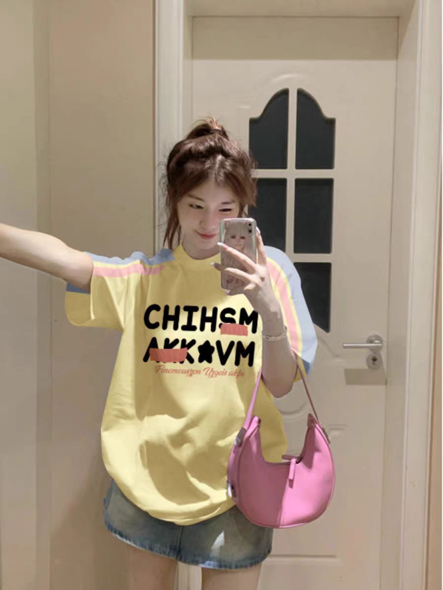 High-quality pure cotton 220g 19 pieces of wool + feel printed loose large version of raglan contrasting color short-sleeved T-shirt for women