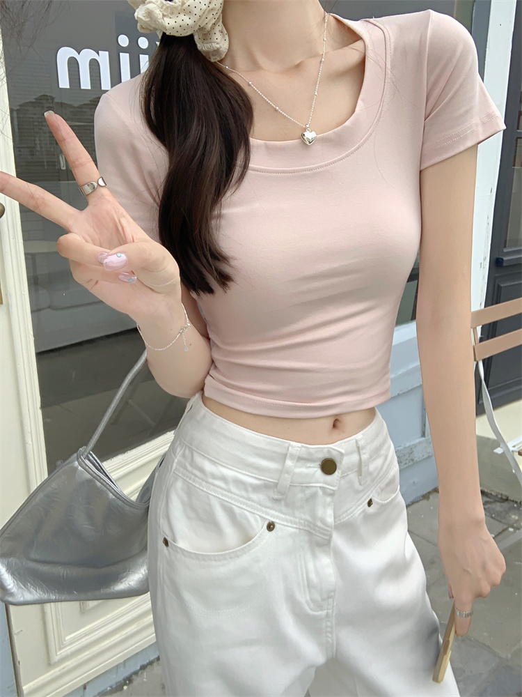 Korean sweet and spicy style solid color U-neck clavicle short-sleeved T-shirt for women 2025 summer slim high waist short top