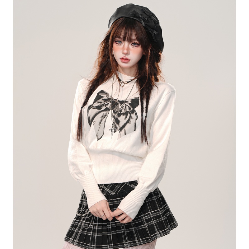 American retro waist-tight sweater for women early spring new sweater design niche bow printed base top
