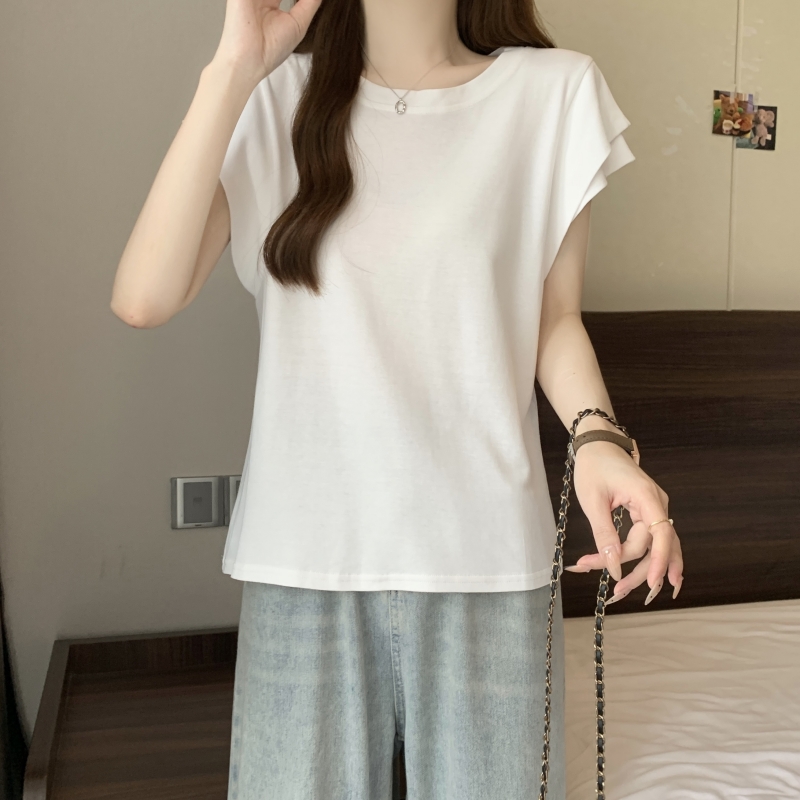 Real shot 21 pure cotton 200g 100% cotton short-sleeved T-shirt for women, Feifei Sleeve Double Collar