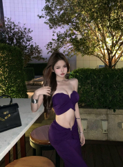 Real shot of Yuan Zi Mingxing Purple Purple pleated strapless top set stretch slim skirt two-piece set